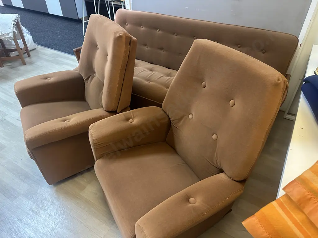 Mid Century Lounge Suite - Oak Armed Brown Draylon Sofa Bed With Two Reclining Armchairs Image 1++