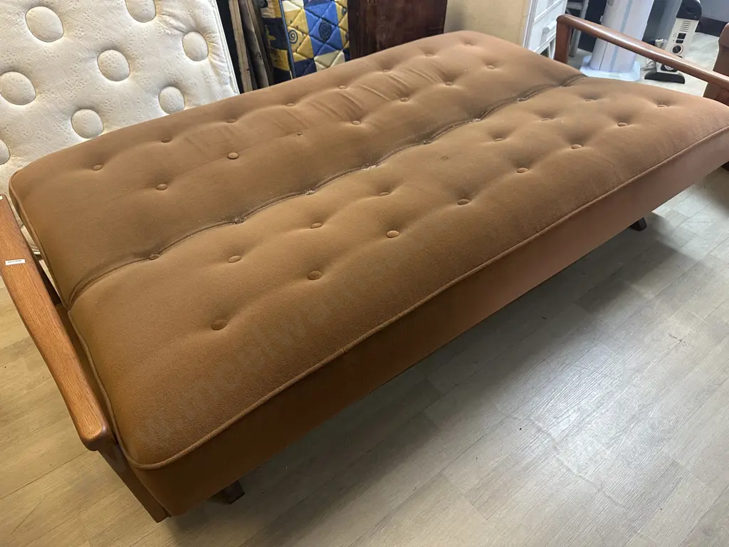 Mid Century Lounge Suite - Oak Armed Brown Draylon Sofa Bed With Two Reclining Armchairs Image 1++