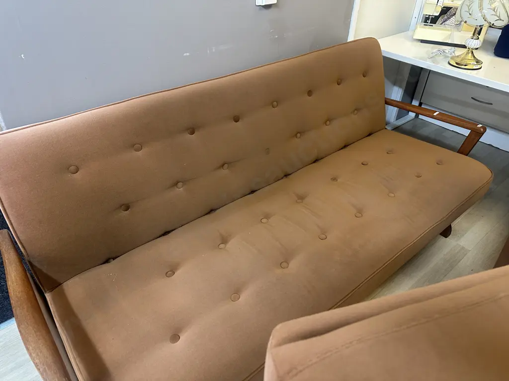 Mid Century Lounge Suite - Oak Armed Brown Draylon Sofa Bed With Two Reclining Armchairs Image 1++