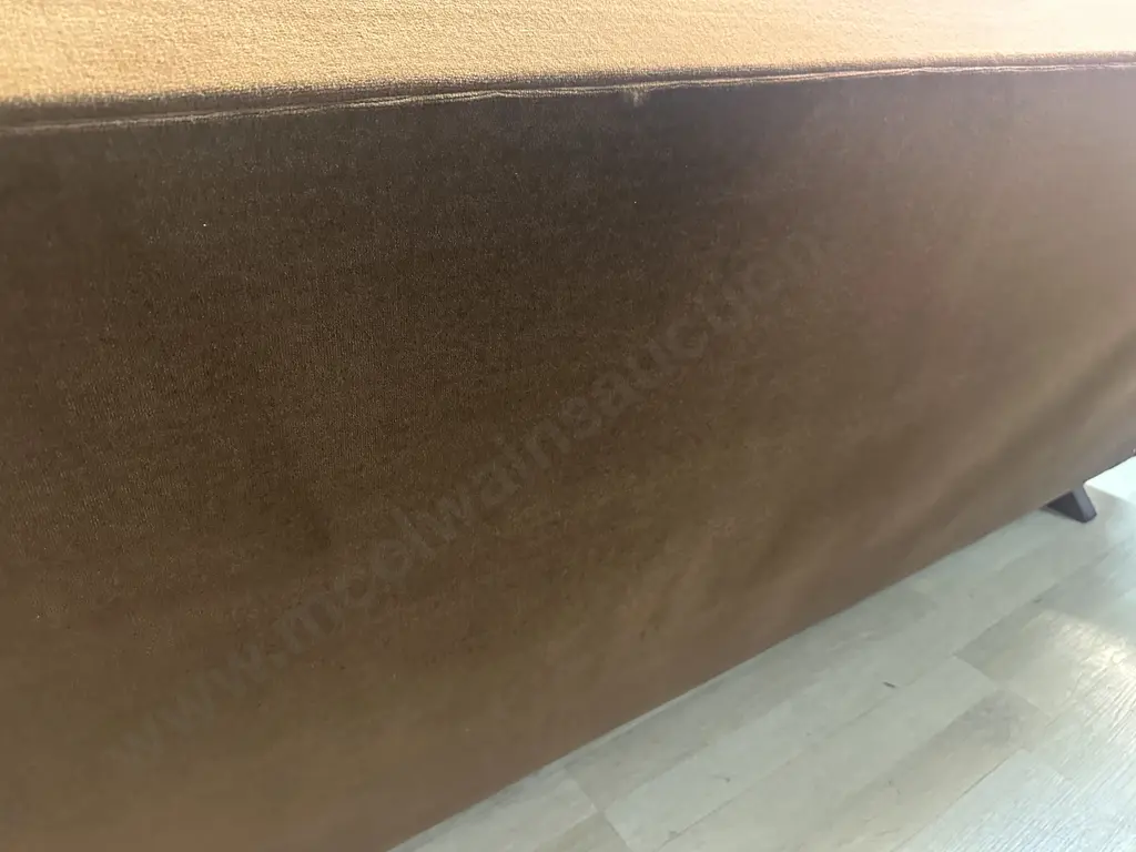 Mid Century Lounge Suite - Oak Armed Brown Draylon Sofa Bed With Two Reclining Armchairs Image 1++