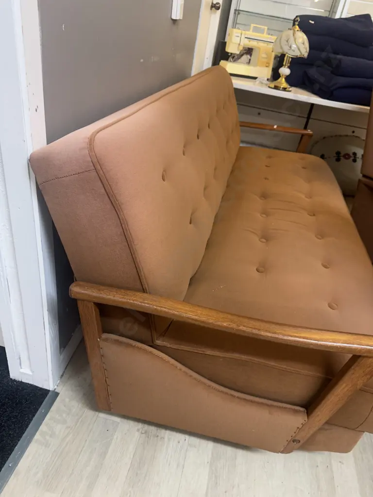 Mid Century Lounge Suite - Oak Armed Brown Draylon Sofa Bed With Two Reclining Armchairs Image 1++
