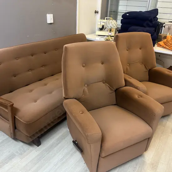 Mid Century Lounge Suite - Oak Armed Brown Draylon Sofa Bed With Two Reclining Armchairs
