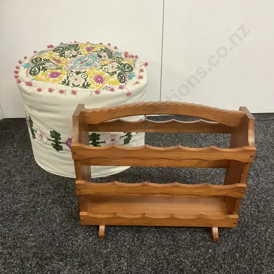 Large Embroidered Pouffe & Rustic Wooden Magazine Rack