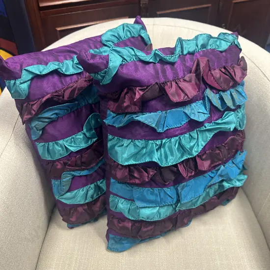 Ex Harvey Norman - Pair of New Mulberi Cushions, Purple & Aqua Tones