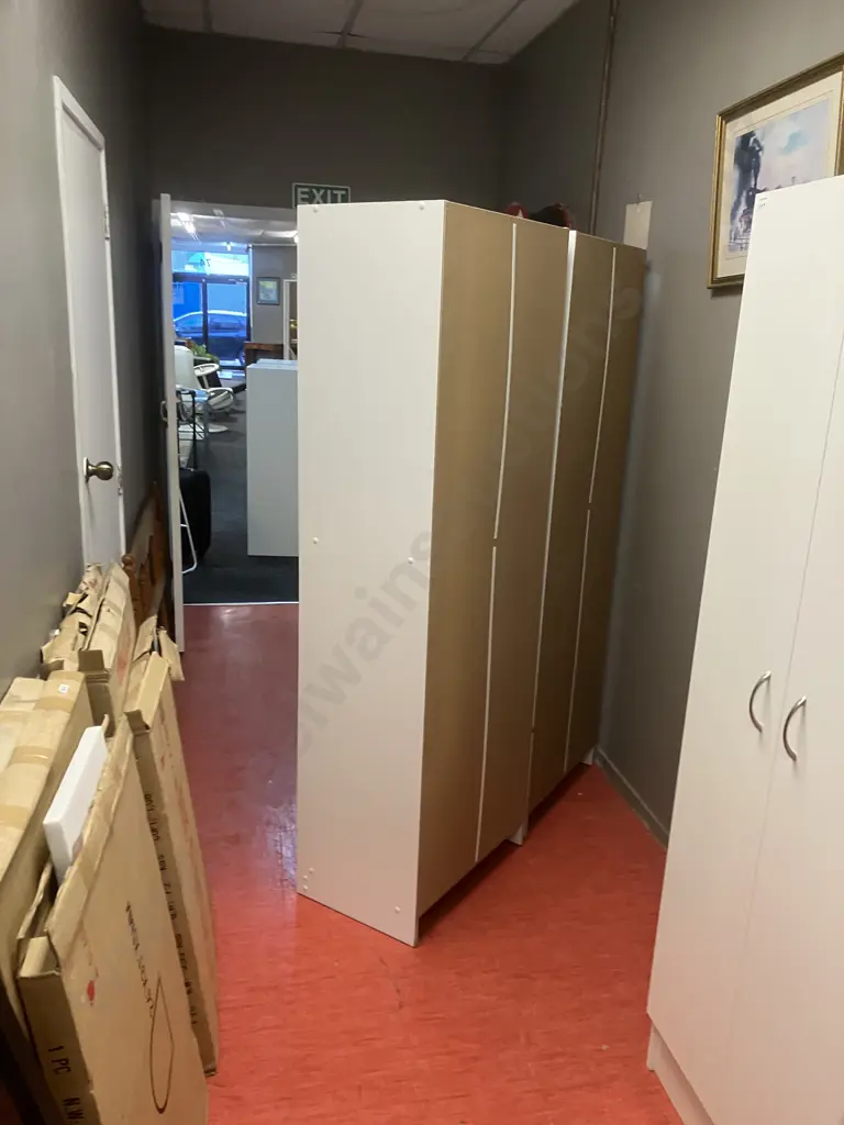 Pair of White Double Door Cupboards, 3 Shelves, Rectangular Handles. H180 W60 D40cm Image 1++