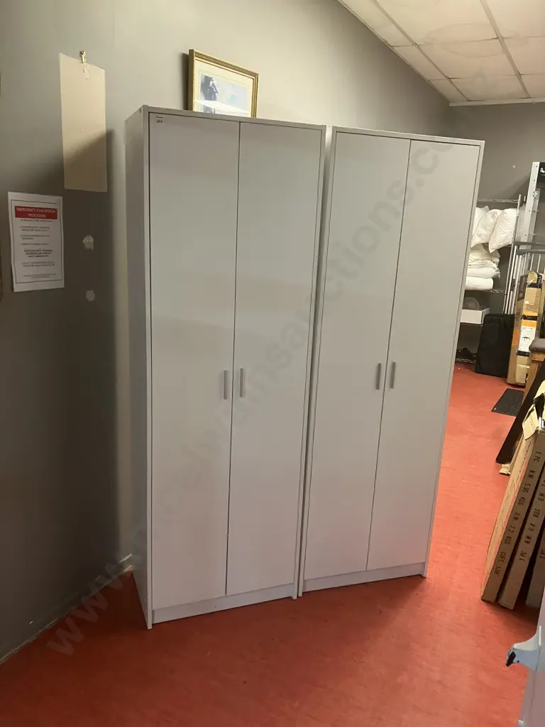 Pair of White Double Door Cupboards, 3 Shelves, Rectangular Handles. H180 W60 D40cm Image 1++