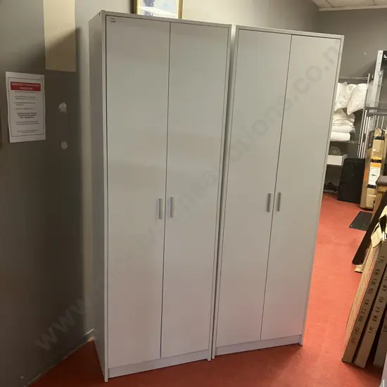 Pair of White Double Door Cupboards, 3 Shelves, Rectangular Handles. H180 W60 D40cm