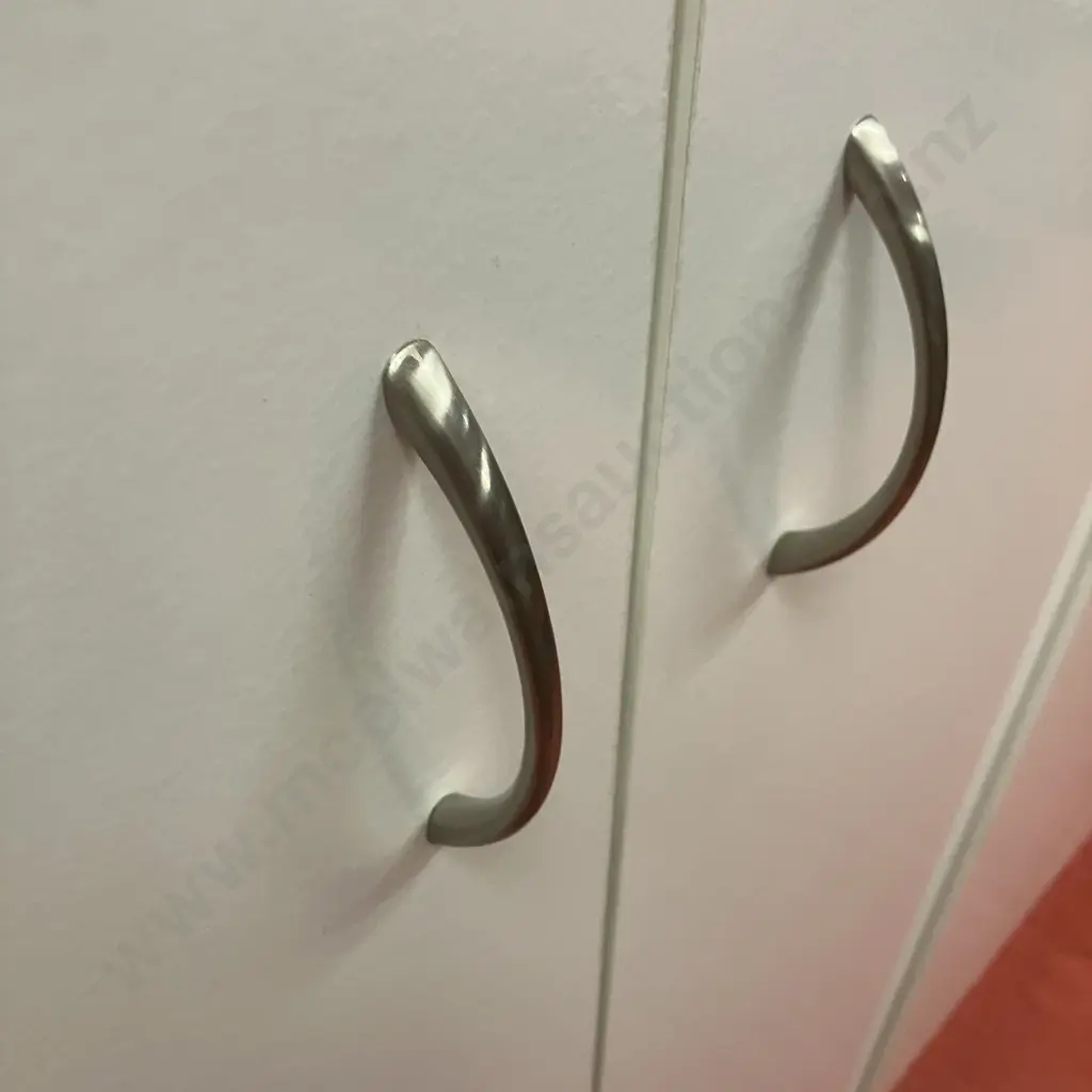 Pair of White Double Door Cupboards, 4 Shelves, & Double Door Wardrobe, Curved Handles. H180 W60 D41cm Image 1++