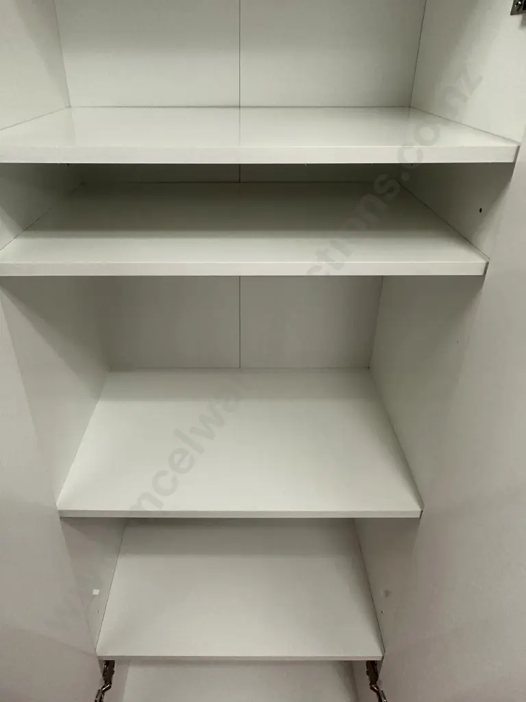 Pair of White Double Door Cupboards, 4 Shelves, & Double Door Wardrobe, Curved Handles. H180 W60 D41cm Image 1++
