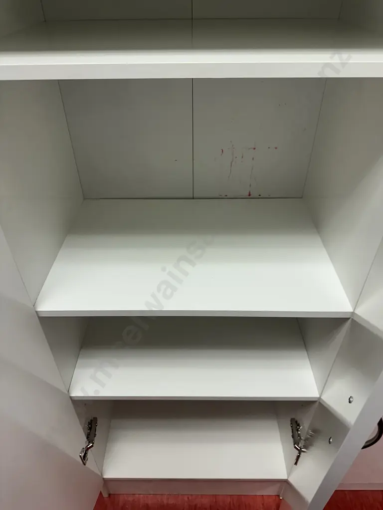 Pair of White Double Door Cupboards, 4 Shelves, & Double Door Wardrobe, Curved Handles. H180 W60 D41cm Image 1++