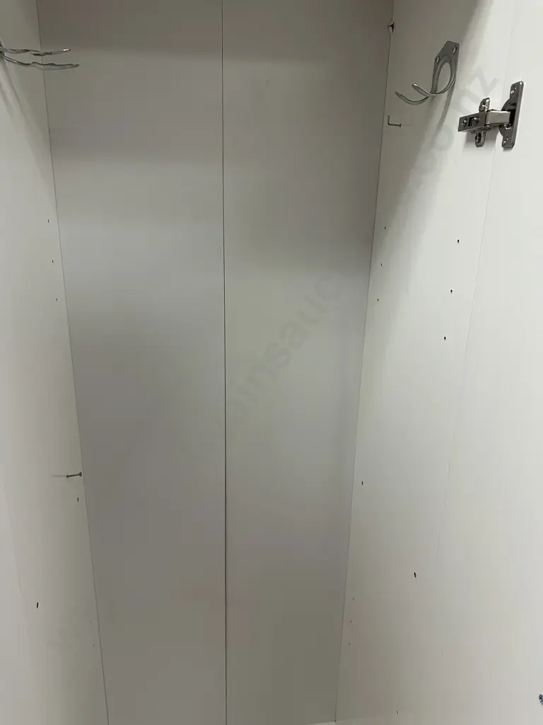 Pair of White Double Door Cupboards, 4 Shelves, & Double Door Wardrobe, Curved Handles. H180 W60 D41cm Image 1++