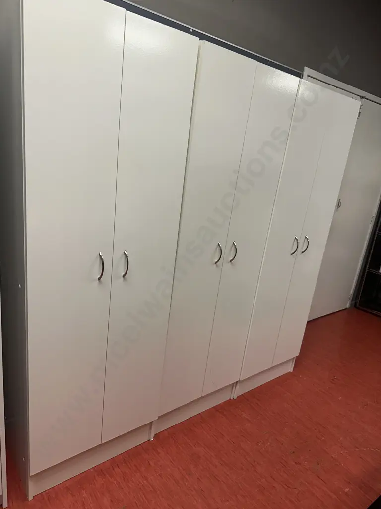 Pair of White Double Door Cupboards, 4 Shelves, & Double Door Wardrobe, Curved Handles. H180 W60 D41cm Image 1++