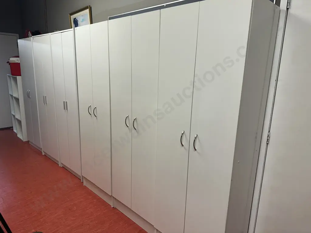 Pair of White Double Door Cupboards, 4 Shelves, & Double Door Wardrobe, Curved Handles. H180 W60 D41cm Image 1++