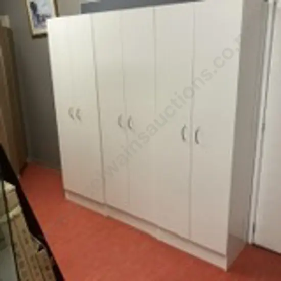 Pair of White Double Door Cupboards, 4 Shelves, & Double Door Wardrobe, Curved Handles. H180 W60 D41cm