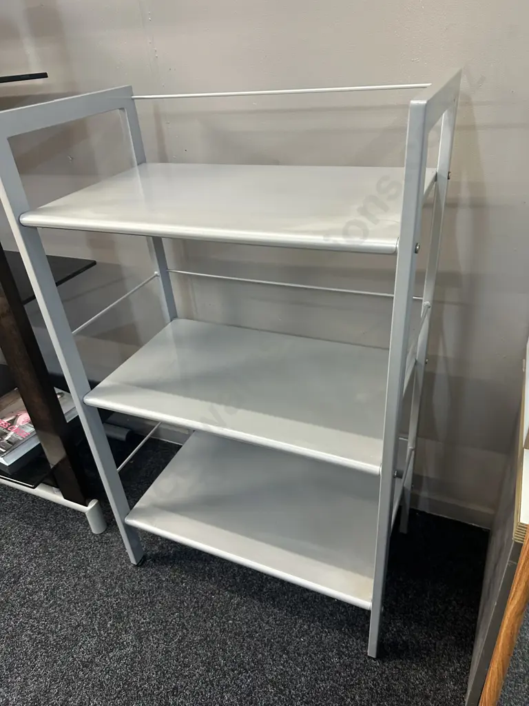 Three Tier Shelf Unit Silver Coloured Metal H102,W61,D35cm. Image 1++
