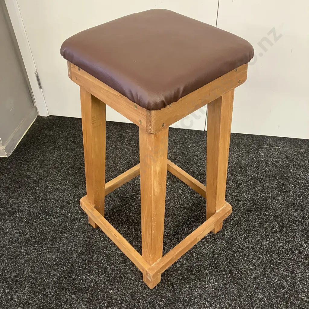 Vintage Rimu Barstool With Brown Upholstered Seat. H71cm Image 1++