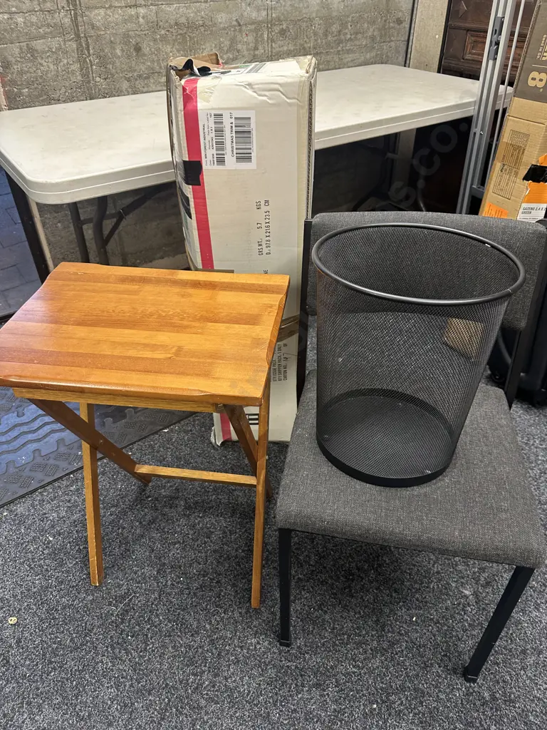 Fold Up Wooden Table, Rubbish Bin, Christmas Tree And Stacker Chair Image 1++