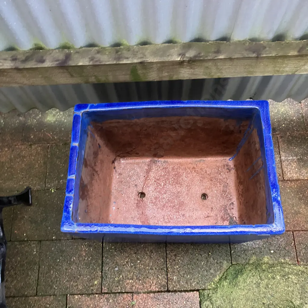 Large Blue Glazed Terracotta Rectangular Planter. H38 W58 D40cm Image 1++