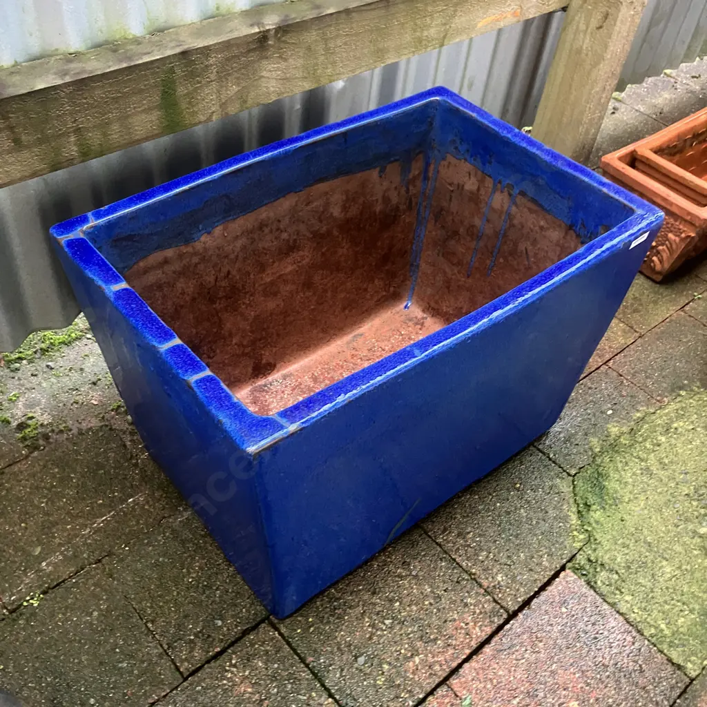 Large Blue Glazed Terracotta Rectangular Planter. H38 W58 D40cm Image 1++