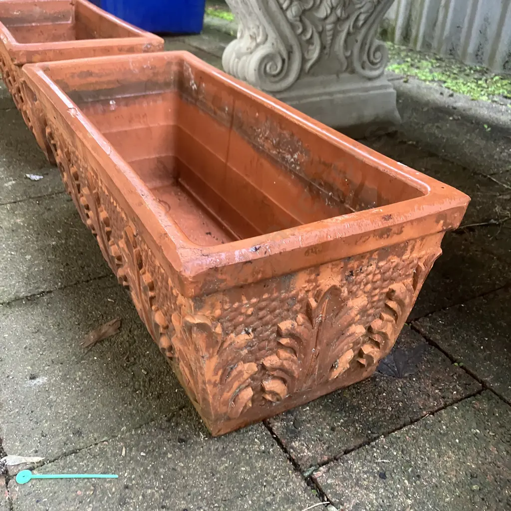 Pair of Ornate Terracotta Rectangular Planters. H18 W51 D21cm Image 1++