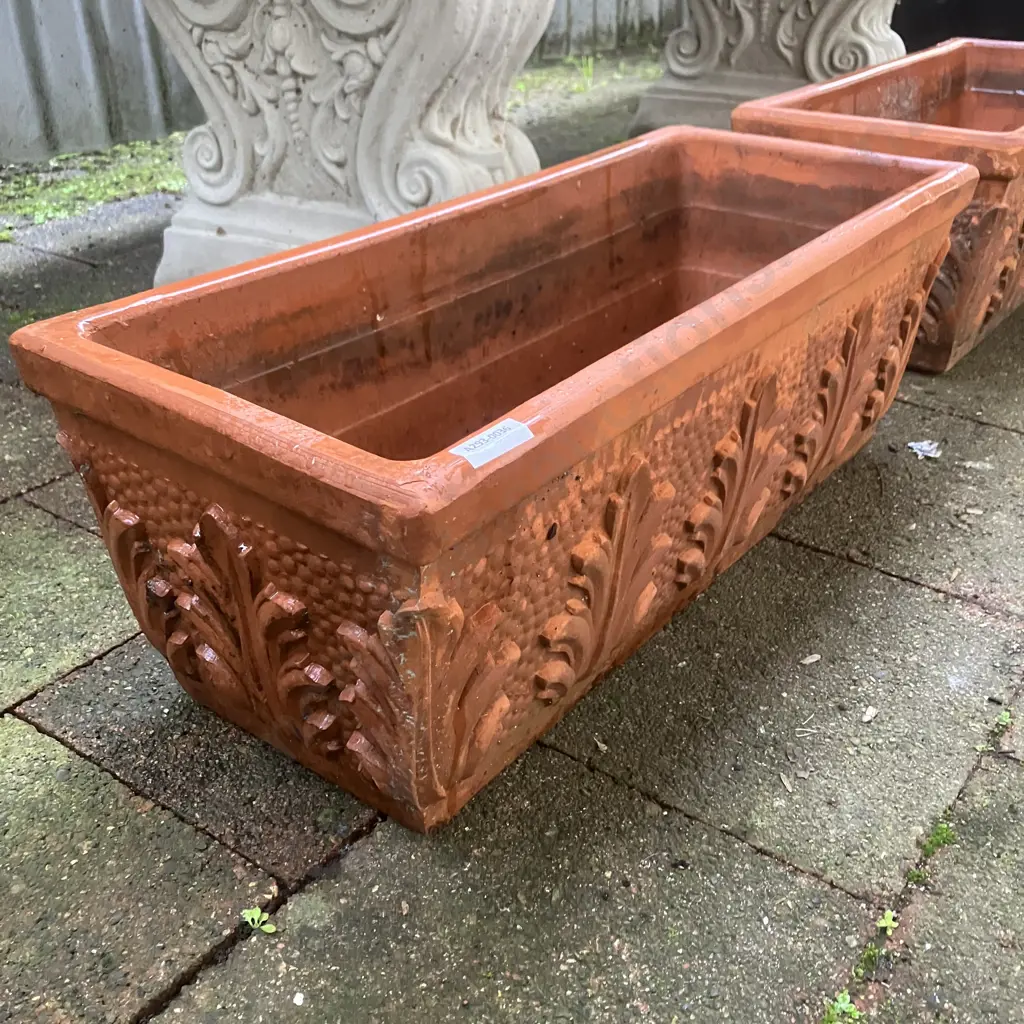 Pair of Ornate Terracotta Rectangular Planters. H18 W51 D21cm Image 1++