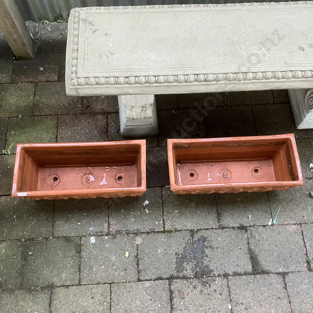 Pair of Ornate Terracotta Rectangular Planters. H18 W51 D21cm Image 1++