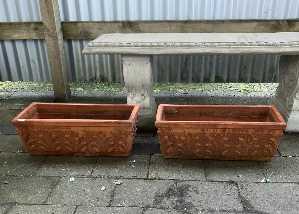 Pair of Ornate Terracotta Rectangular Planters. H18 W51 D21cm Image 1++