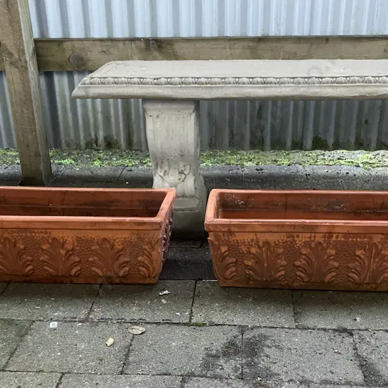 Pair of Ornate Terracotta Rectangular Planters. H18 W51 D21cm