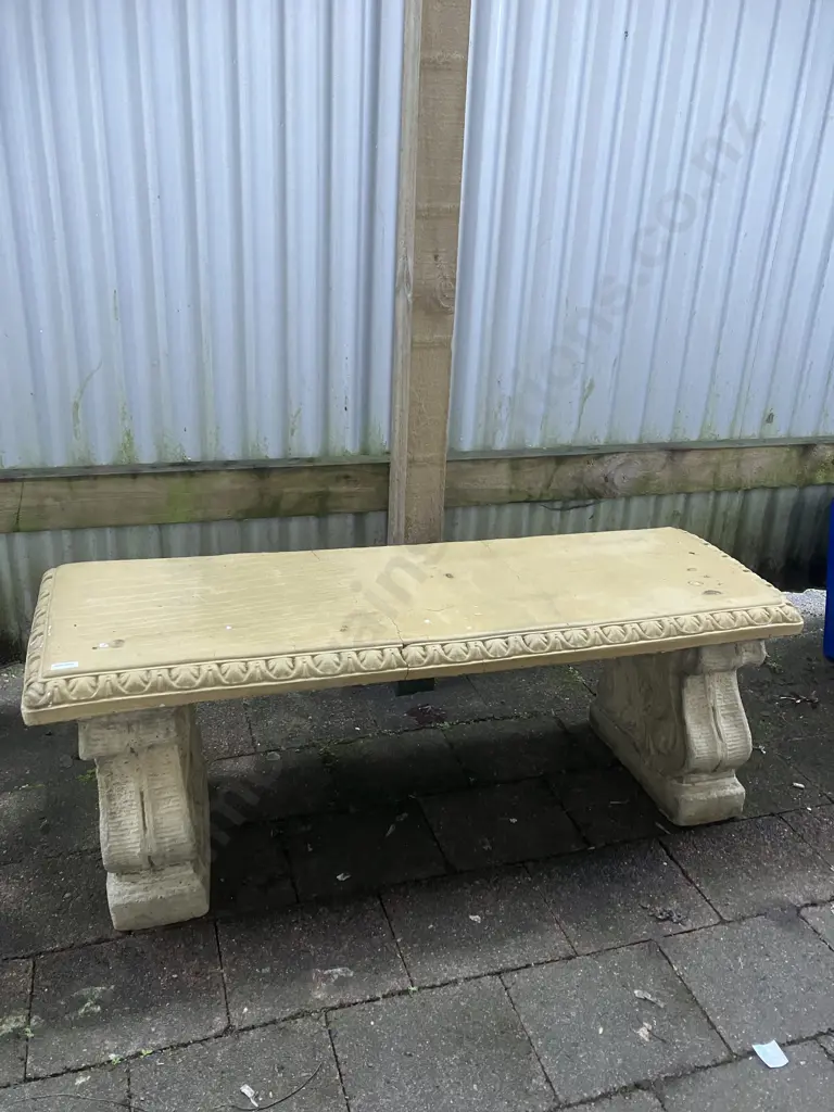 Vintage Cast Concrete Double Pillar Ornate Garden Bench. H40 W111 D38cm (Bench Top Cracked) Image 1++