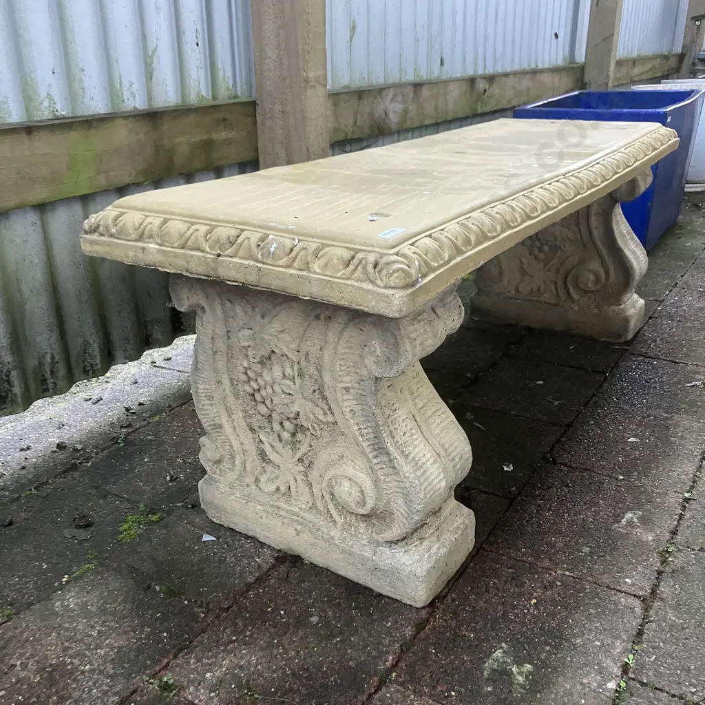 Vintage Cast Concrete Double Pillar Ornate Garden Bench. H40 W111 D38cm (Bench Top Cracked) Image 1++