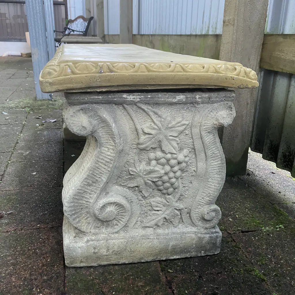 Vintage Cast Concrete Double Pillar Ornate Garden Bench. H40 W111 D38cm (Bench Top Cracked) Image 1++