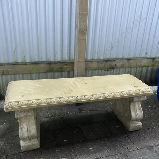 Vintage Cast Concrete Double Pillar Ornate Garden Bench. H40 W111 D38cm (Bench Top Cracked)
