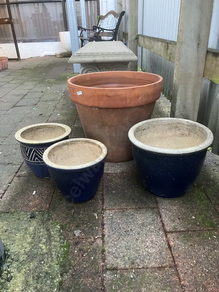 Terracotta Planter 37 x 42.5cm With 3 Assorted Blue Glazed Plant Pots Image 1++