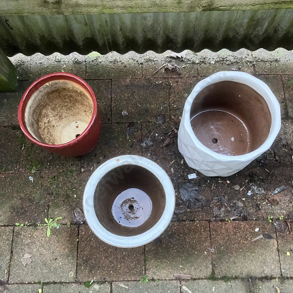 Lot of 3 White & Burgundy Plant Pots Image 1++