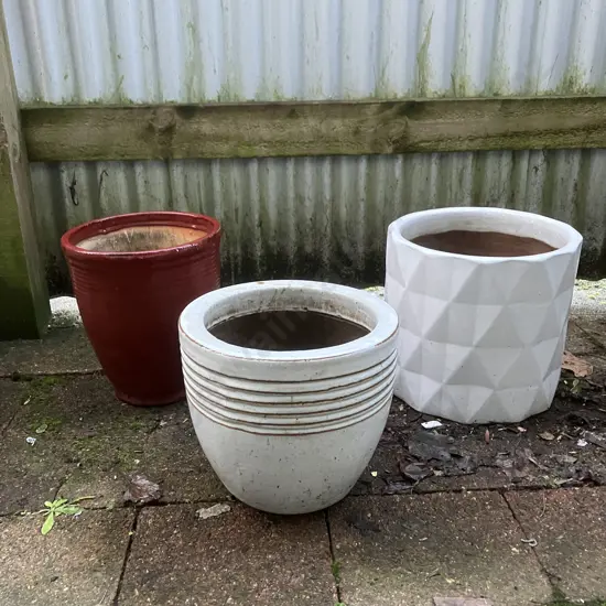 Lot of 3 White & Burgundy Plant Pots
