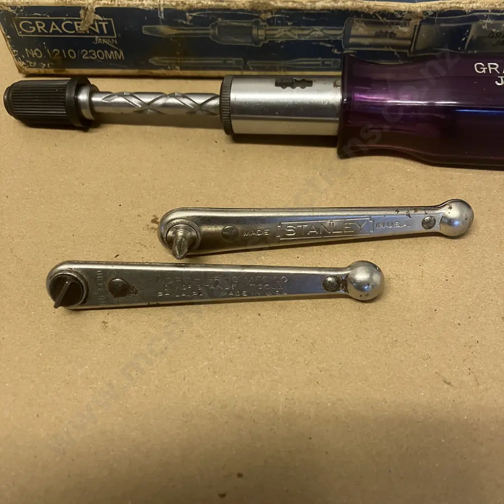 Stanley "Yankee" USA Offset Ratchet Screwdrivers No. 3412 & 3400, Gracent Japan Ratchet Screwdriver #1210 & Original Box Image 1++