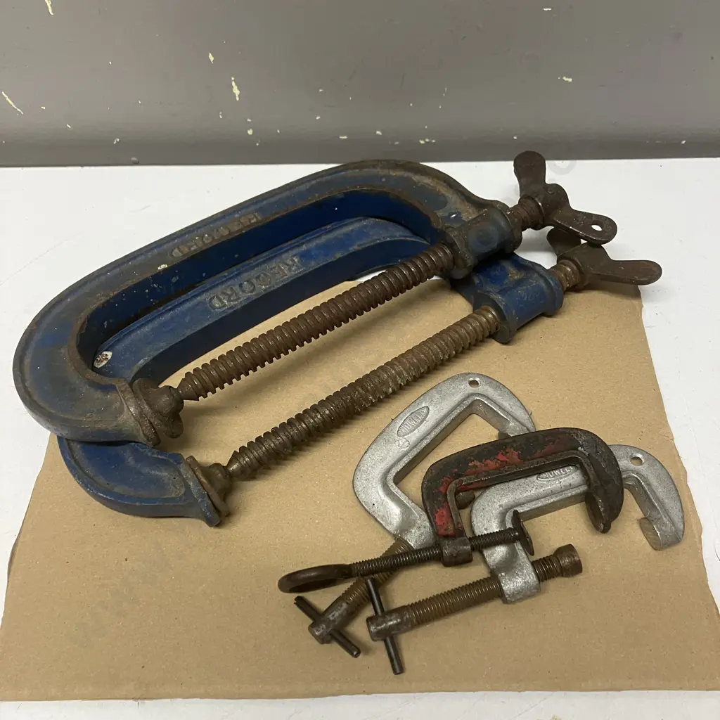 Pair of Vintage Record 8” Steel G Clamps Made In England With 3 Other Brand Clamps Image 1++