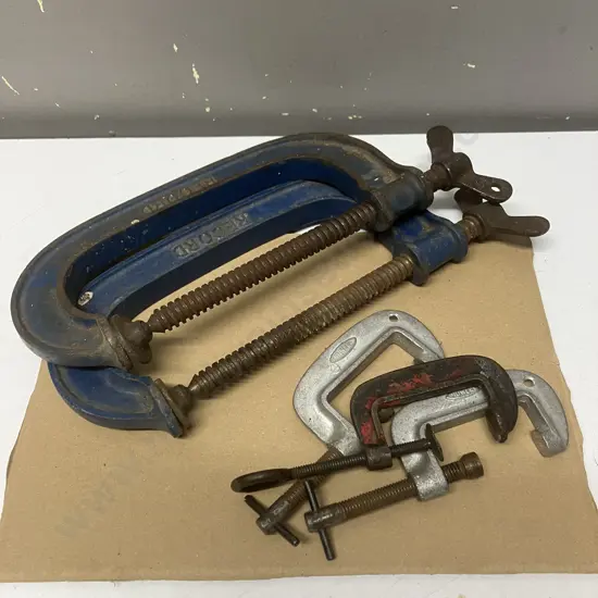Pair of Vintage Record 8” Steel G Clamps Made In England With 3 Other Brand Clamps