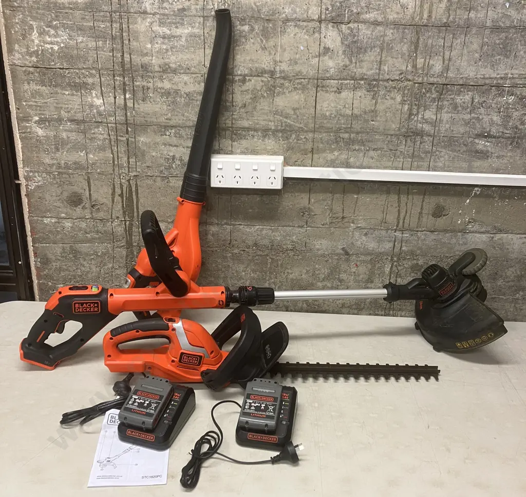 Black & Decker 18V Cordless Blower, Hedge Trimmer, Line Trimmer, 2 x Chargers, 2 x 2.0AH Batteries Image 1++
