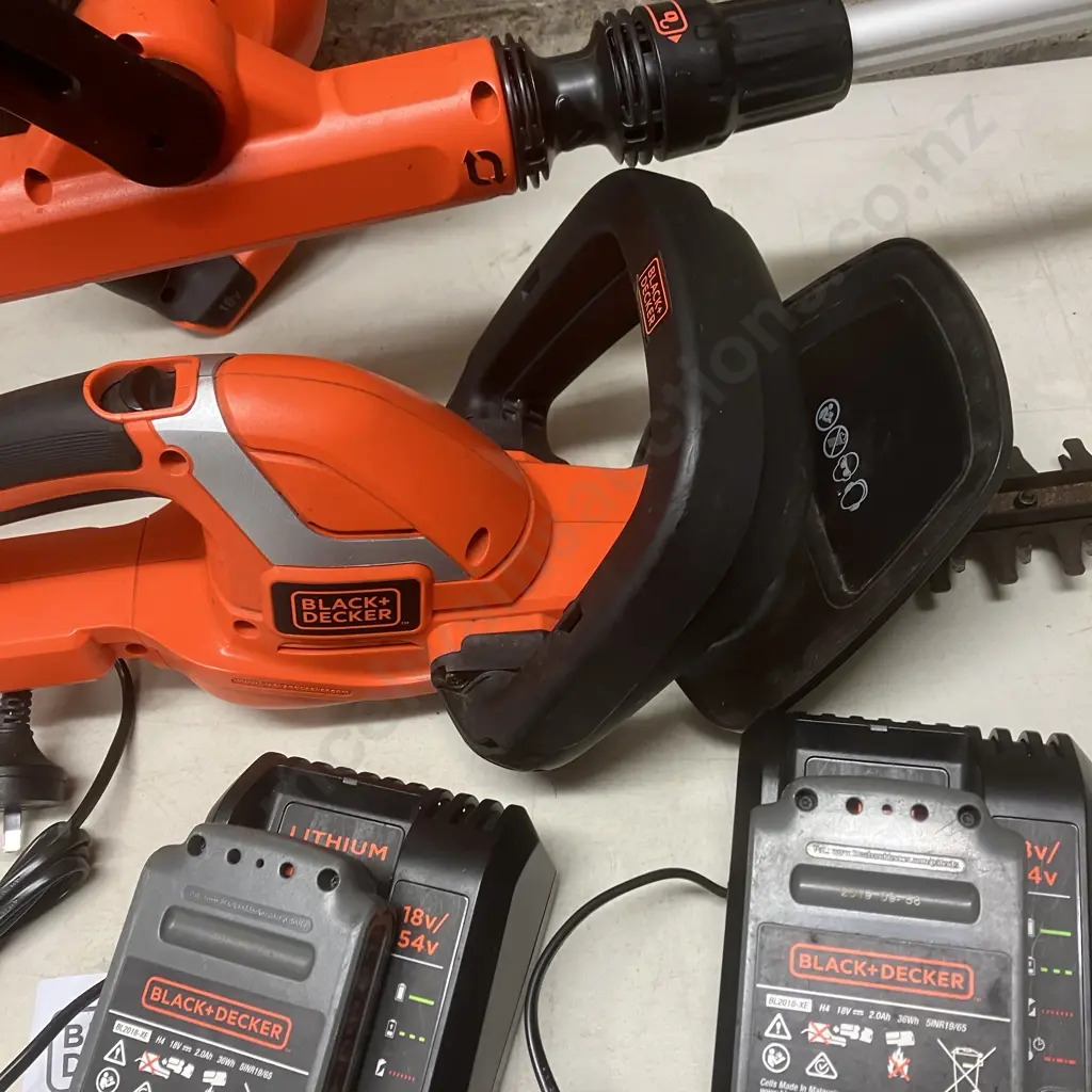 Black & Decker 18V Cordless Blower, Hedge Trimmer, Line Trimmer, 2 x Chargers, 2 x 2.0AH Batteries Image 1++