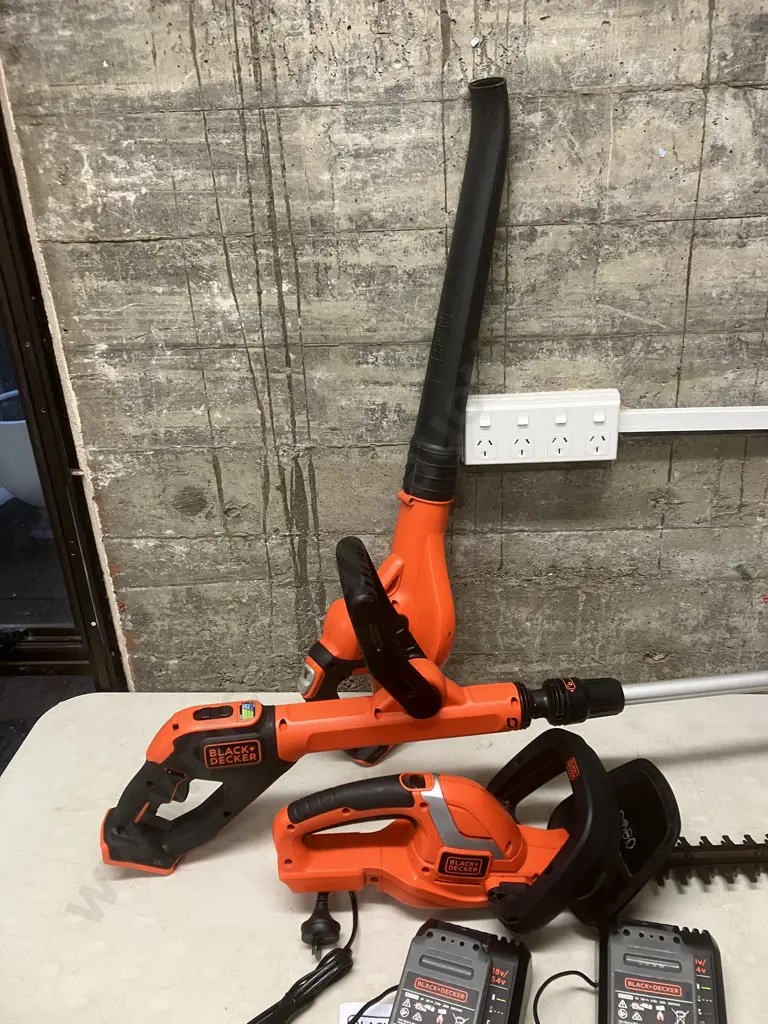 Black & Decker 18V Cordless Blower, Hedge Trimmer, Line Trimmer, 2 x Chargers, 2 x 2.0AH Batteries Image 1++
