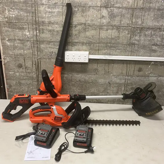 Black & Decker 18V Cordless Blower, Hedge Trimmer, Line Trimmer, 2 x Chargers, 2 x 2.0AH Batteries