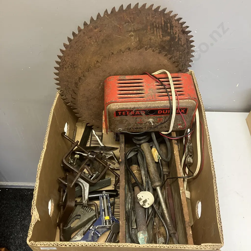 Box lot Vintage Solder Irons & Lead, Vintage Teerad Duplex Charger, Large Round Saw Blades Etc Image 1++