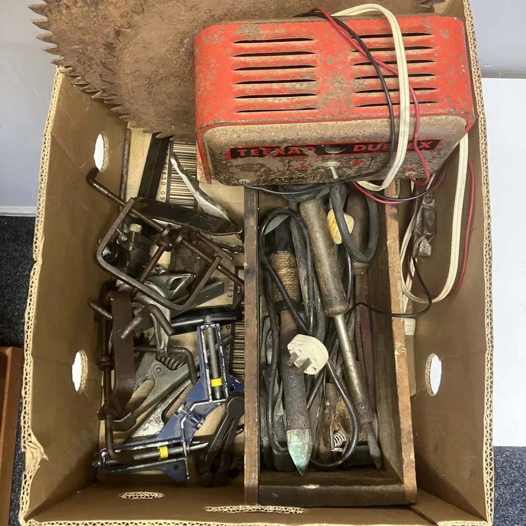 Box lot Vintage Solder Irons & Lead, Vintage Teerad Duplex Charger, Large Round Saw Blades Etc Image 1++