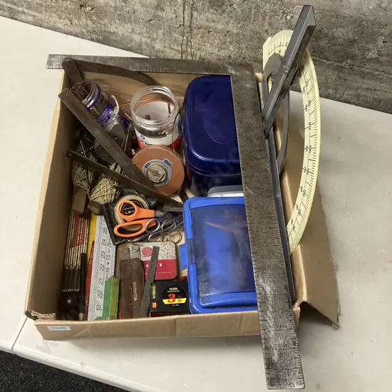 Box Lot Measures, Scissors, Vintage Items Etc