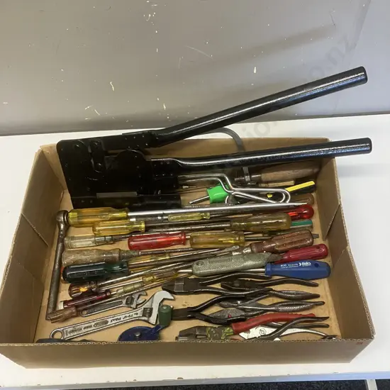 Box Lot Fibro Cutter, Screwdrivers, Pliers Etc