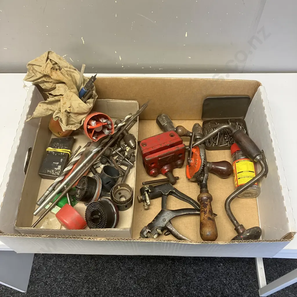 Box Lot Drill Bits, Drill Chuck Keys, Saw Setters Etc Image 1++