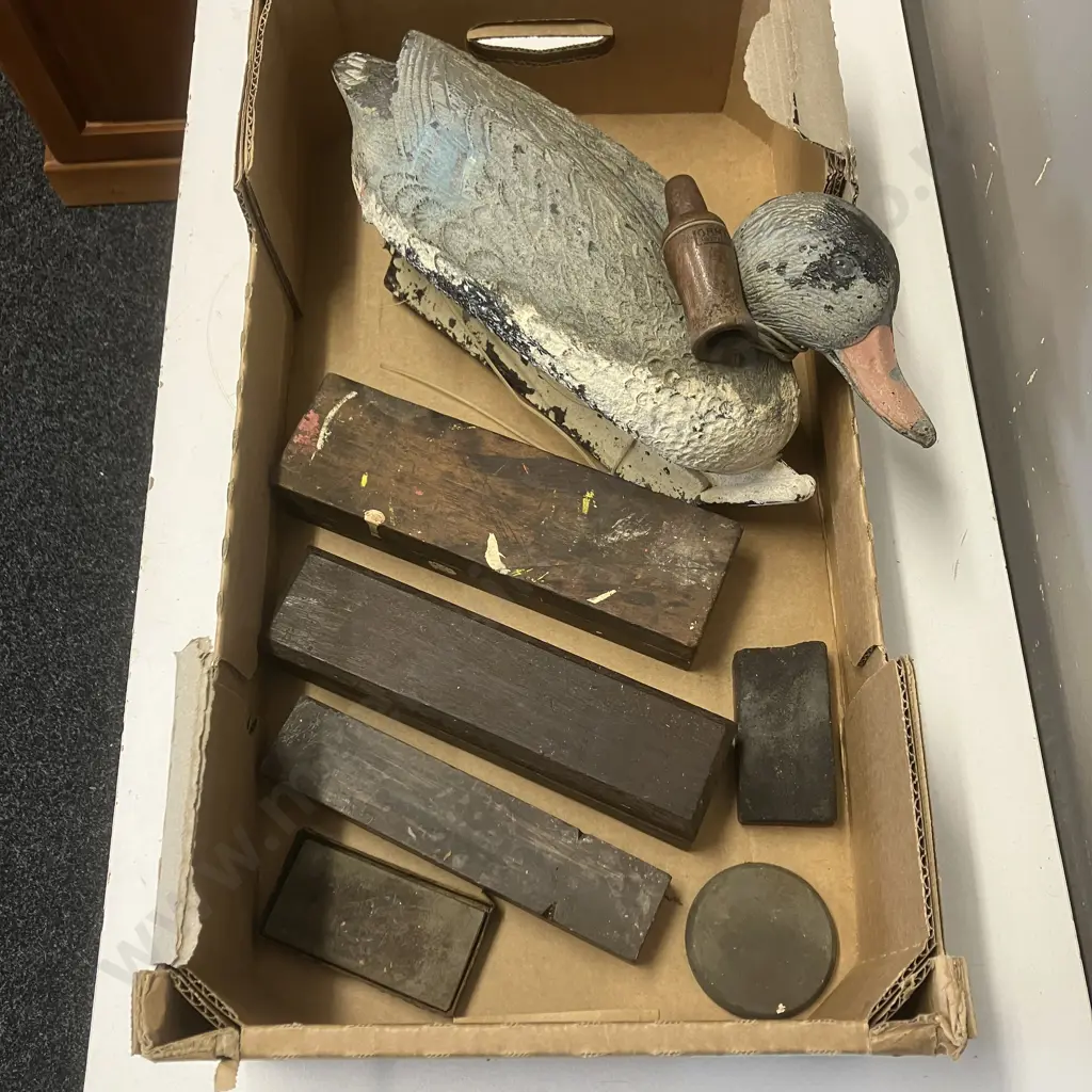 Box Lot Sharpening Stones, Duck Decoy & Duck Call Image 1++