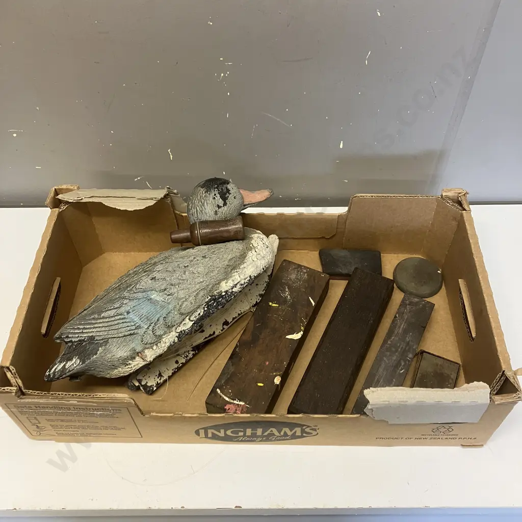 Box Lot Sharpening Stones, Duck Decoy & Duck Call Image 1++