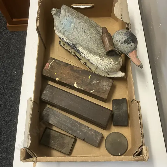 Box Lot Sharpening Stones, Duck Decoy & Duck Call